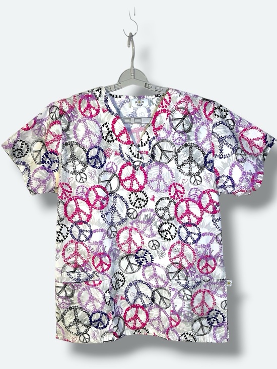 Happy Scrubs Tops - Happy Scrubs Top Peace Sign Top Cotton Blend Purple Pink Multicolor Women Medium